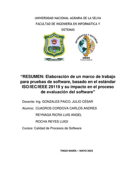 Elaboración de un Marco de Trabajo para Pruebas de Software, Basado en el Estándar ISO/IEC/IEEE 29119 