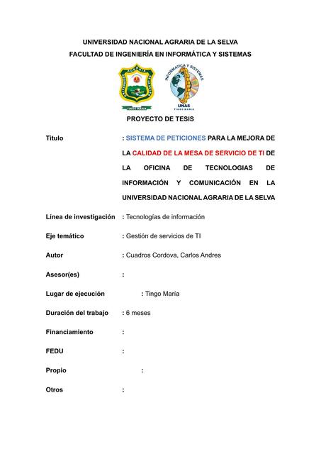 Sistema de peticiones para la mejora de la calidad de la mesa de servicio de TI de la oficina de tecnologías de información 