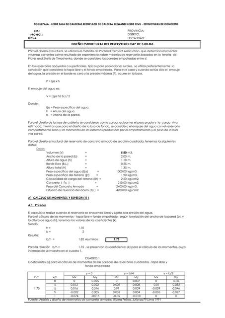 Diseño estructural del reservorio CAP DE 5.80 M