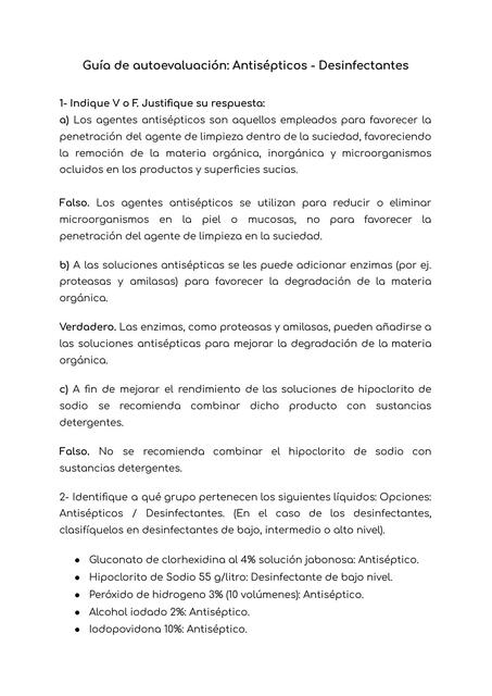 Guía de autoevaluación: Antisépticos - desinfectantes