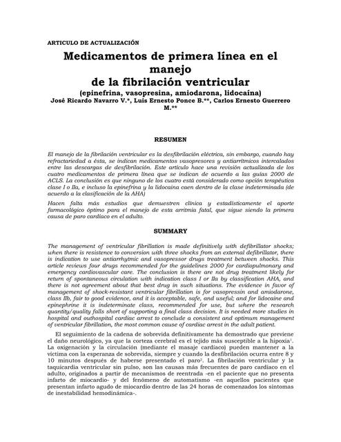 Medicamentos de primera línea en el manejo  de la fibrilación ventricular 