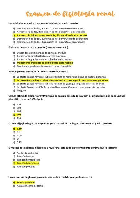 Examen de Fisiología Renal | pocholatito | uDocz