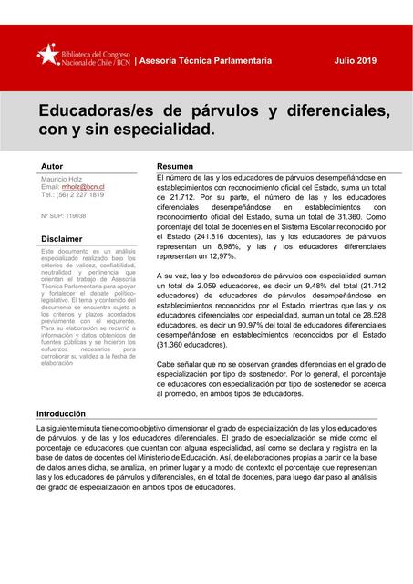 Párvulos Diferencial. Educadoras/es de Párvulos y Diferenciales, con y sin Especialidad 