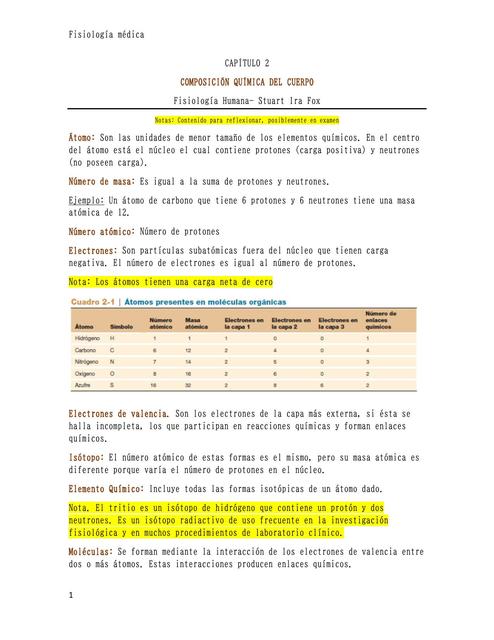 Capítulo 2: Composición química del cuerpo - Fisiología Humana- Fox SI