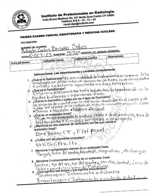 Exámenes parciales de radioterapia y medicina nuclear 