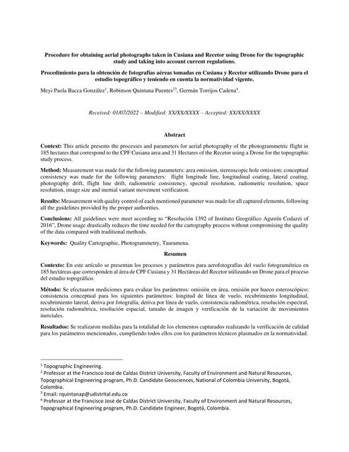 Procedimiento para la obtención de fotografías aéreas tomadas en Cusiana y Recetor utilizando Drone para el estudio topográfico y teniendo en cuenta la normatividad vigente