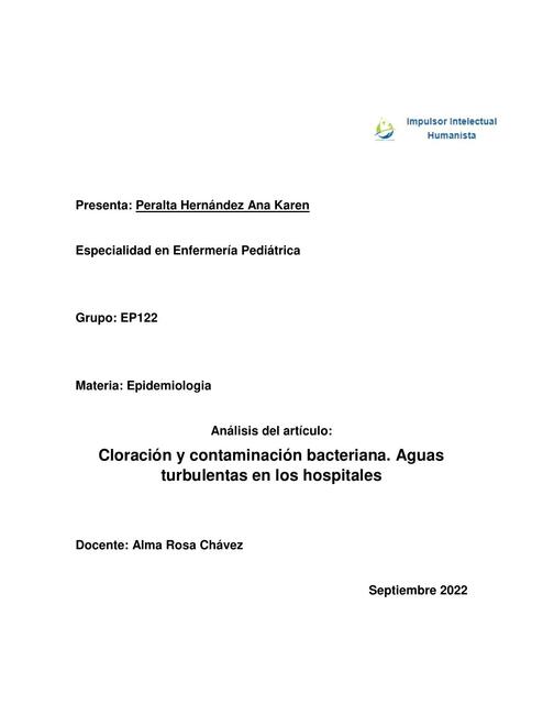 Cloración y Contaminación Bacteriana. Aguas Turbulentas en los Hospitales 