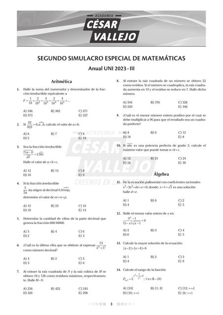 Segundo simulacro especial de matemáticas 