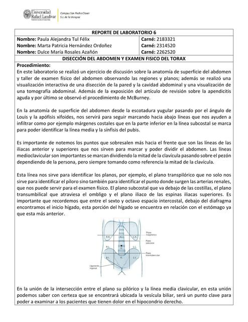 Disección del abdomen y examen físico del tórax