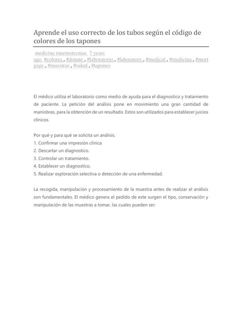 Aprende el uso correcto de los tubos según el codigo de colores de los tapones 