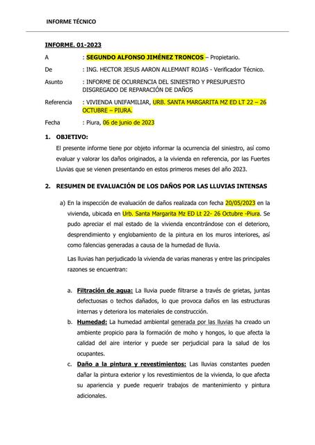 Informe de ocurrencia de siniestro y presupuesto disgregado de reparación de daños 