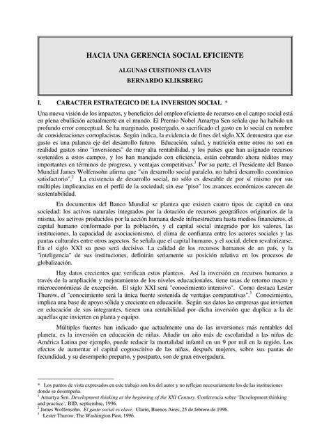 Hacia una gerencia social eficiente - Bernardo Kliksberg