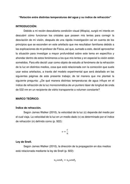 Relación entre distintas temperaturas del agua y su indice de refracción