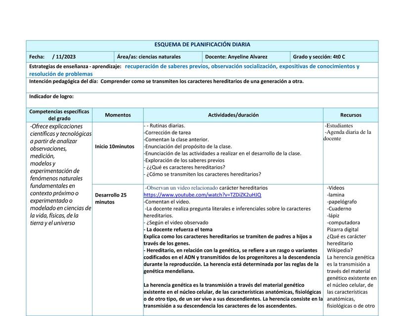 Esquema De Planificación Diaria | Aslhey Betances | UDocz