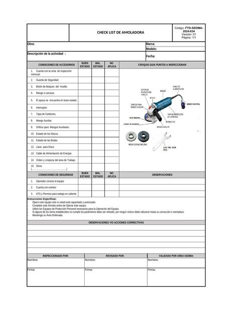 Check list de amoladora