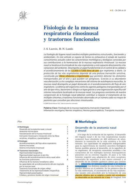 Fisiología de la Mucosa Respiratoria Rinosinusal y Trastornos Funcionales 