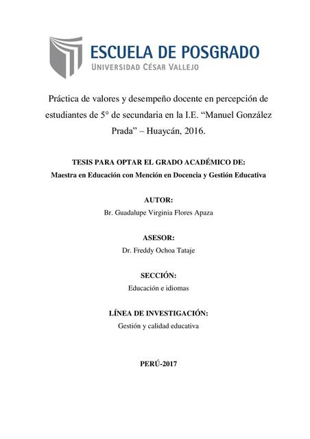 Práctica de valores y desempeño docente en percepción de estudiantes