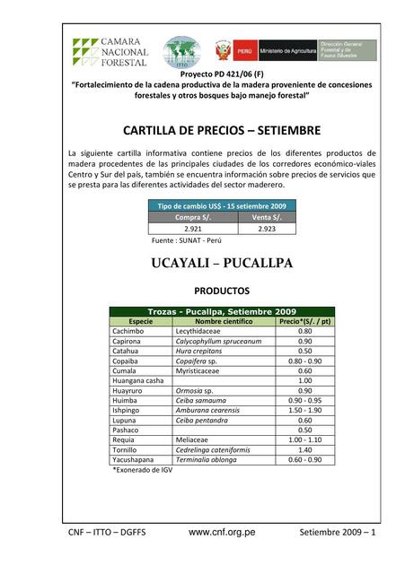 Cartilla de precios Septiembre 