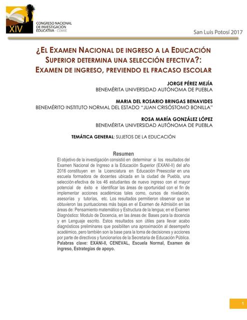 El examen nacional de ingreso a la educación superior determina una selección efectiva 