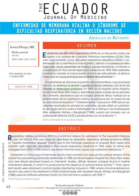 Enfermedad de Membrana Hialina o Síndrome de Dificultad Respiratoria en Recién Nacidos 