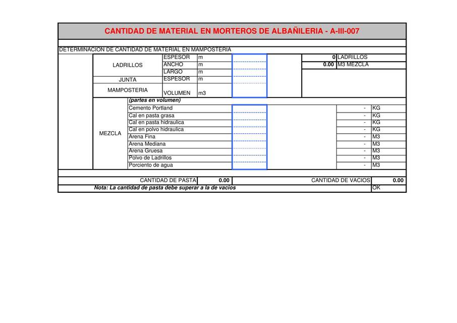 A III 007CANTIDAD DE MATERIAL EN MORTEROS DE ALBAÑILERIA