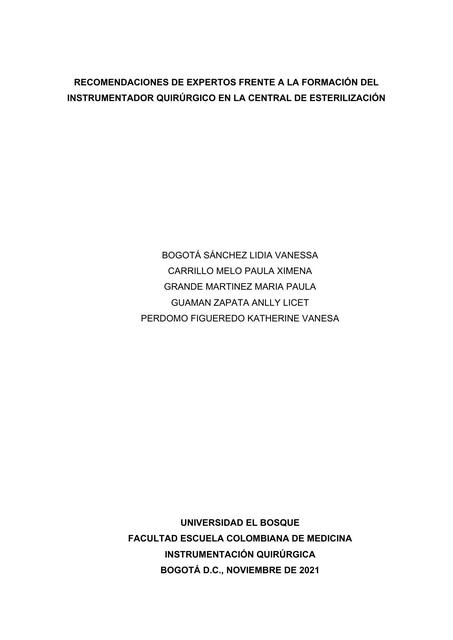 Recomendaciones de Expertos Frente a la Formación del Instrumentador Quirúrgico en la Central de Esterilización  