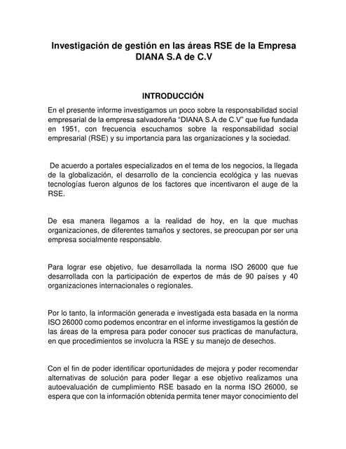 Investigación de Gestión en las Áreas RSE de la Empresa DIANA S.A de C.V