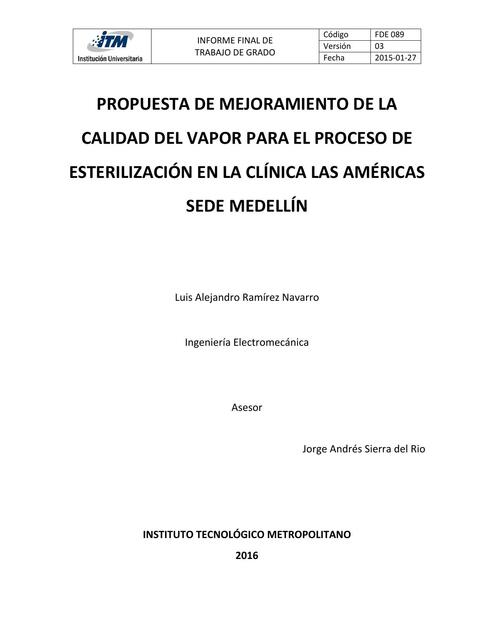 Propuesta de Mejoramiento de la Calidad del Vapor para el Proceso de Esterilización en la Clínica 