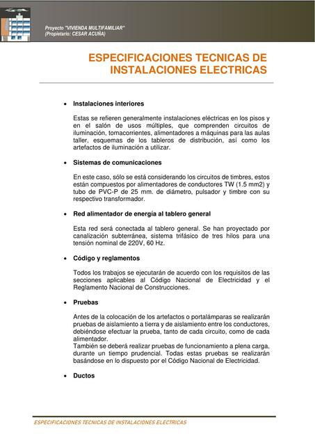 Especificaciones Técnicas de Instalaciones Eléctricas 