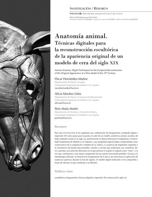 Anatomía animal.Técnicas digitales para la reconstrucción escultórica de la apariencia original de un modelo de cera del siglo XIX