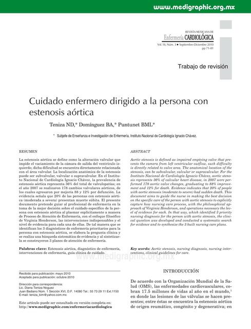 Cuidado Enfermero Dirigido a la Persona con Estenosis Aórtica 