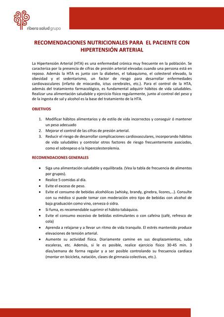 Recomendaciones nutricionales para el paciente con hipertensión arterial 