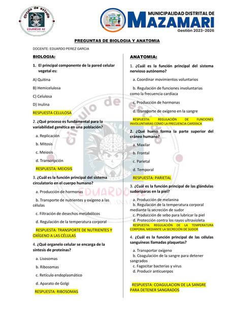 Preguntas de Biología y Anatomía  