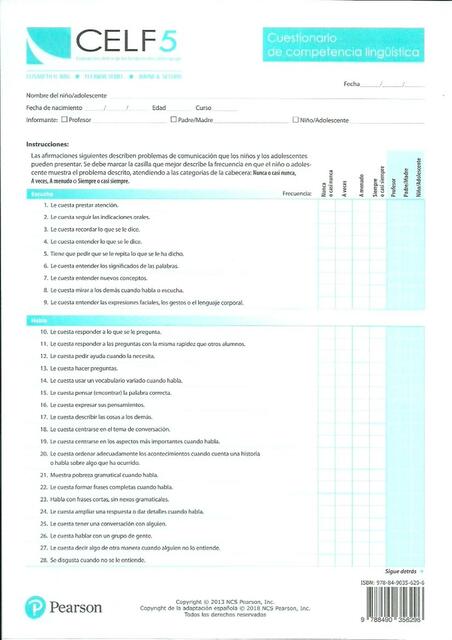 CELF 5 Cuestionario competencia lingüística