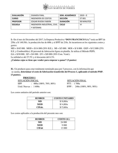 Examen de Ingeniería de Costos 