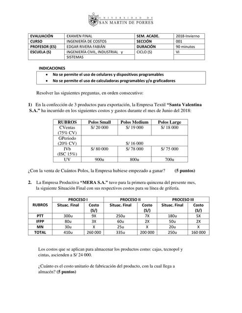 Examen de Ingeniería de Costos 