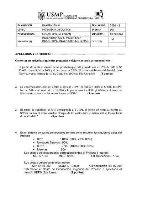 Examen de Ingeniería de Costos 