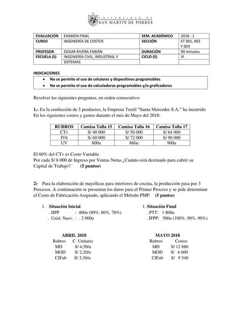 Examen de Ingeniería de Costos 