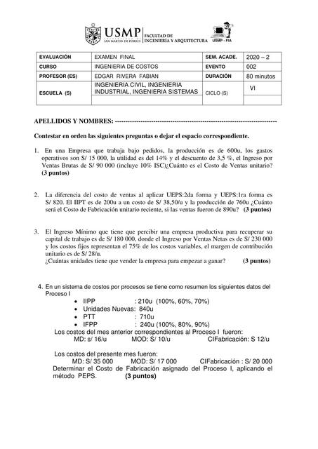 Examen de Ingeniería de Costos 