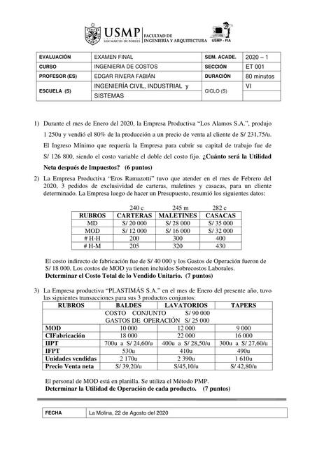 Examen de Ingeniería de Costos 