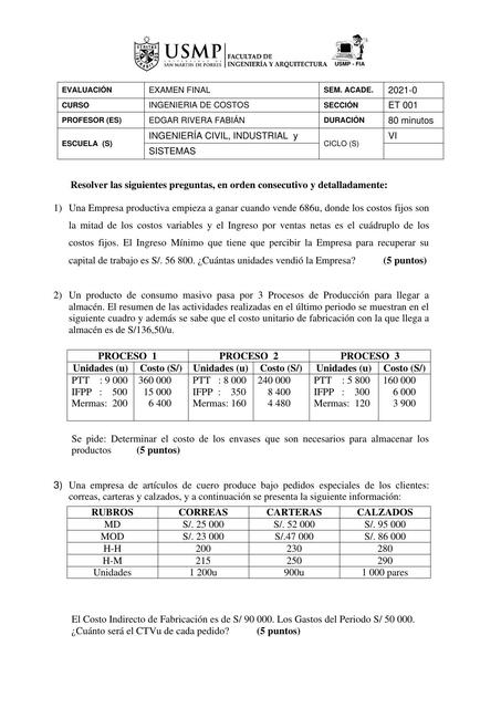 Examen de Ingeniería de Costos 