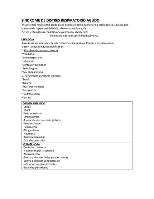 SINDROME DE DISTRES RESPIRATORIO AGUDO (resumen libro Farreras)