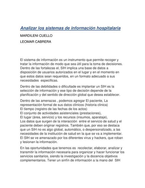 Analizar los sistemas de información hospitalaria