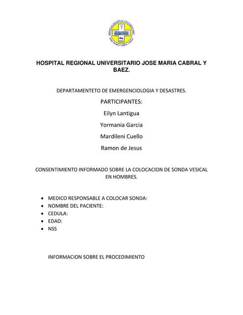 Consentimiento informado sobre la colocación de sonda vesical en hombres 