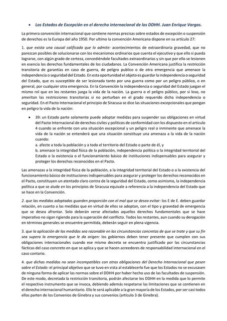 Los Estados de Excepción en el Derecho Internacional de los DDHH. Juan Enrique Varga