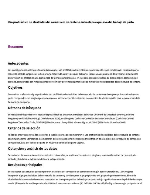 Un profiláctico de alcaloides del cornezuelo de centeno en la etapa expulsiva del trabajo de parto