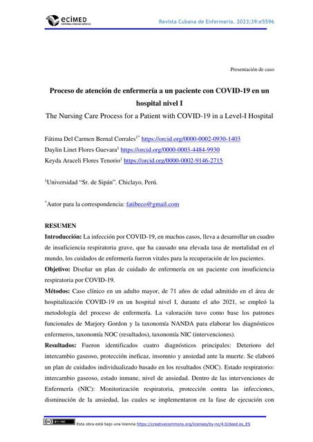 Proceso de Atención de Enfermería a un Paciente con Covid-19 en un Hospital Nivel I 