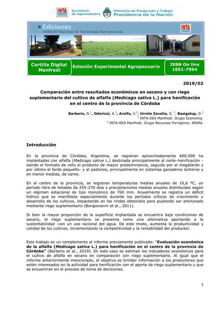 Comparación entre resultados económicos en secano y con riego suplementario del cultivo de alfalfa (Medicago sativa L.) para henificación  en el centro de la provincia de Córdoba