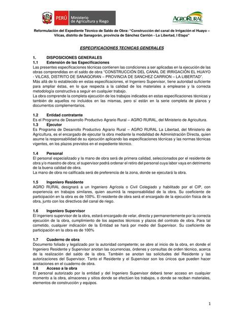 Especificaciones Técnicas Construcción del canal de irrigación Huayo- Vilcas