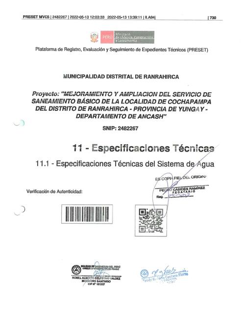 Especificaciones técnicas mejoramiento y ampliación del servicio de saneamiento básico de la localidad de Cochapampa